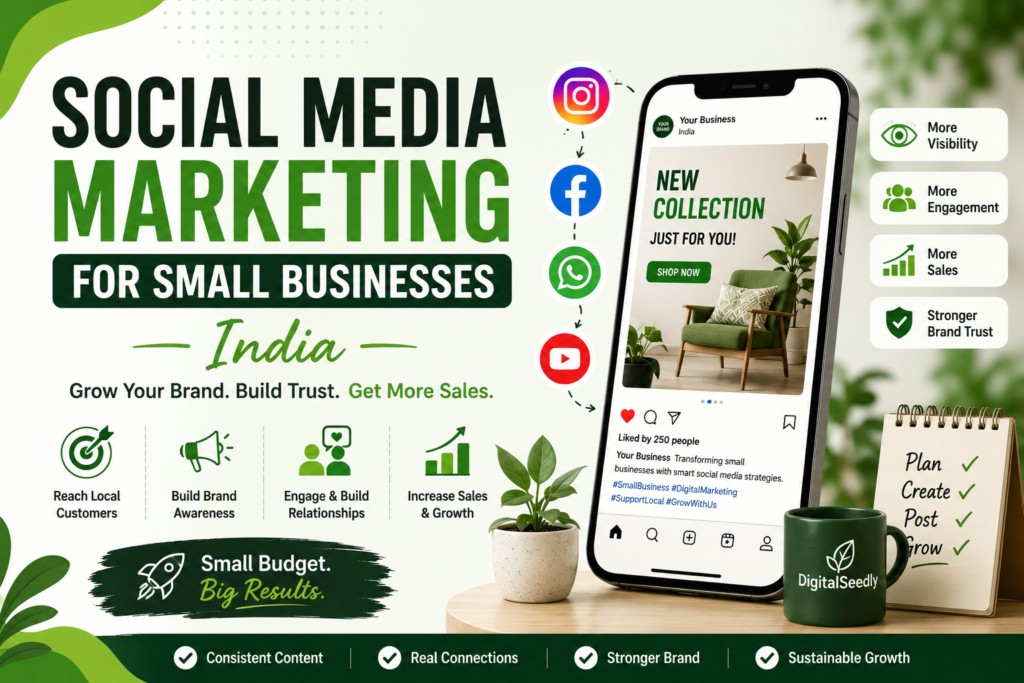 Small business owner using social media marketing to grow brand awareness, customer engagement, and sales in India through Instagram, Facebook, WhatsApp, and YouTube marketing.
