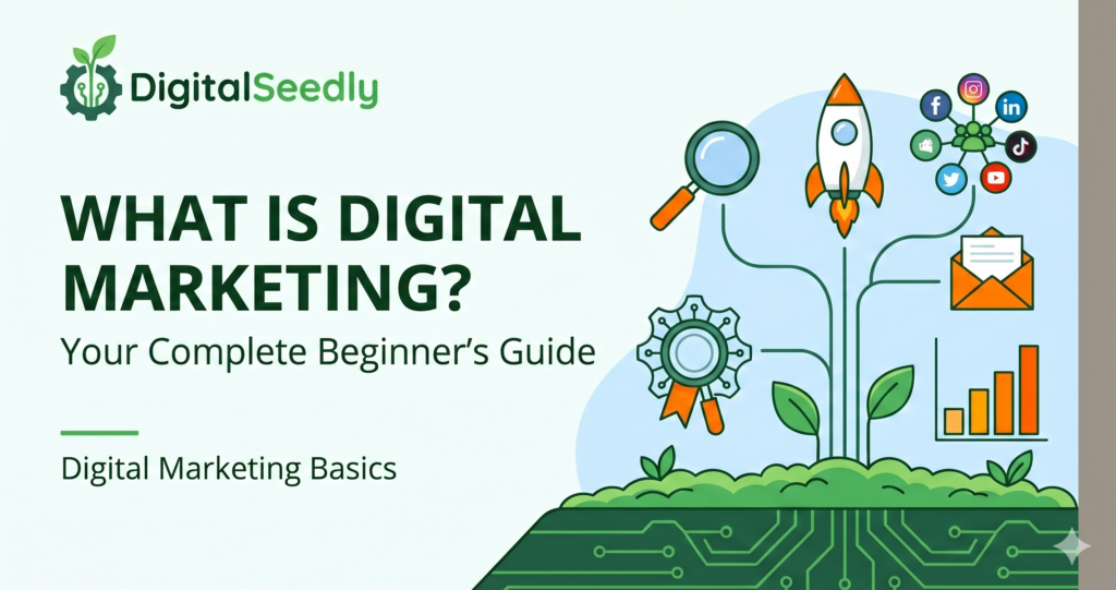 n infographic illustrating SEO and Content Strategy. A magnifying glass hovers over a bar graph showing upward growth, with text indicating key digital marketing tactics.