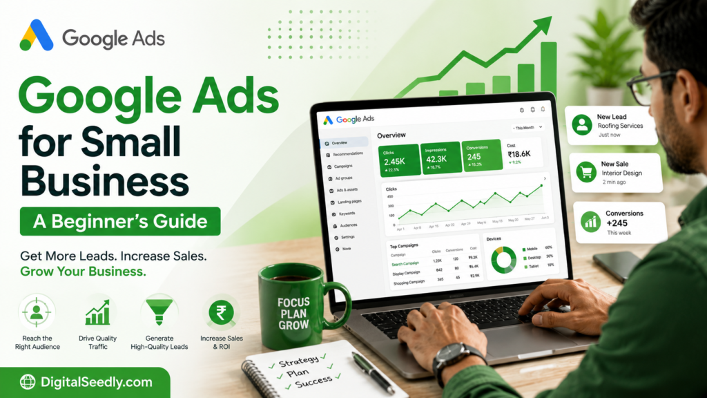 Google Ads for Small Business Beginner Guide showing campaign setup and business growth strategy